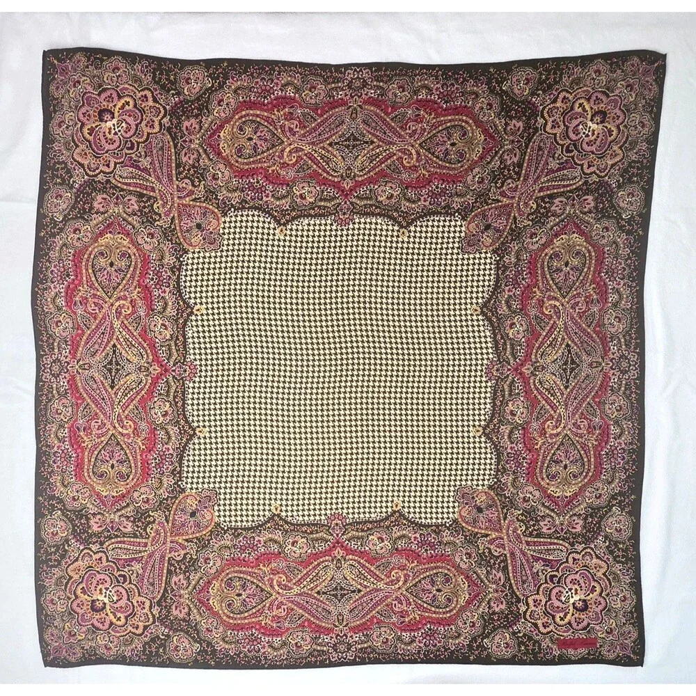 Ralph Lauren Paisley & Houndstooth Check Silk Scarf Olive Green & Magenta 32x32